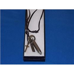 NECKLACE - ROPE TIE WITH BULLET, CROSS & TAG