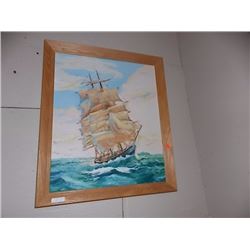 WOOD FRAMED PICTURE - TALL SHIP IN STORM - OIL ON CANVASS