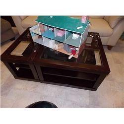 MAHOGANY COFFEE TABLE ON CASTERS - 2 PC USE SEPERATE AS END TABLES - OR TOGETHER AS COFFEE TABLE - W