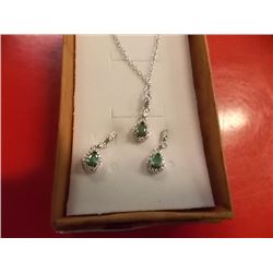 EARRINGS & NECKLACE - NEW PEAR FACETED EMERALD & DIAMONDS IN STERLING SILVER SETTING - INCLUDES CERT