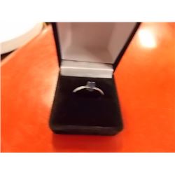 RING - OVAL FACETED BLUE SAPPHIRE & 2 DIAMONDS IN STERLING SILVER SOLITAIRE DESIGNED SETTING - RETAI