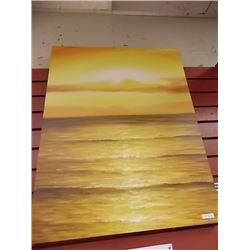 FRAMED OIL ON CANVASS - SUNSET OVER OCEAN