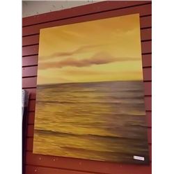 FRAMED OIL ON CANVASS - SUNSET OVER OCEAN