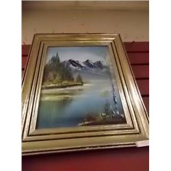 FRAMED OIL PICTURE - LAKE & MOUNTAINS