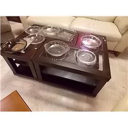 MAHOGANY COFFEE TABLE ON CASTERS - 2 PC USE SEPERATE AS END TABLES - OR TOGETHER AS COFFEE TABLE - W