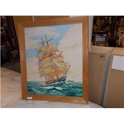 WOOD FRAMED PICTURE - TALL SHIP IN STORM - OIL ON CANVASS