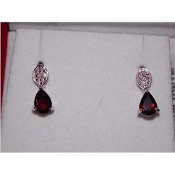 EARRINGS - 2.2 CTW PEAR FACETED GARNET & 2 DIAMONDS IN STERLING SILVER SETTING - RETAIL ESTIMATE $30