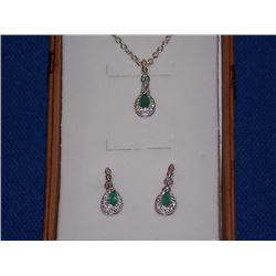 EARRINGS & NECKLACE - NEW PEAR FACETED EMERALD & DIAMONDS IN STERLING SILVER SETTING - INCLUDES CERT