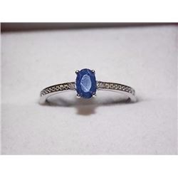 RING - OVAL FACETED BLUE SAPPHIRE & 2 DIAMONDS IN STERLING SILVER SOLITAIRE DESIGNED SETTING - RETAI