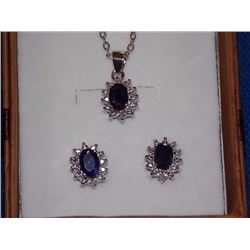 NECKLACE & EARRING SET - NEW - 1.85 TCW SAPPHIRE & DIAMONDS IN STERLING SILVER SETTING - INCLUDES CE