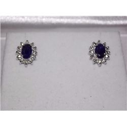EARRINGS - BLUE SAPPHIRE & DIAMOND IN STERLING SILVER SETTING - WITH CERTIFICATE $400