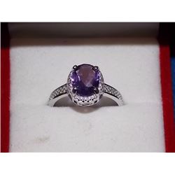 RING - 1.75CT OVAL FACETED AMETHYST & 2 DIAMONDS IN STERLING SILVER SETTING - INCLUDES CERTIFICATE $