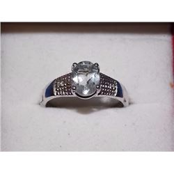 RING - OVAL FACETED GREEN AMETHYST & 2 DIAMONDS IN STERLING SILVER SETTING - RETAIL ESTIMATE $300