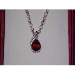 NECKLACE - 1.15CT PEAR FACETED GARNET & DIAMOND IN STERLING SILVER SETTING - BEZEL/PRESSURE SET - IN