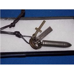 NECKLACE - ROPE TIE WITH BULLET, CROSS & TAG