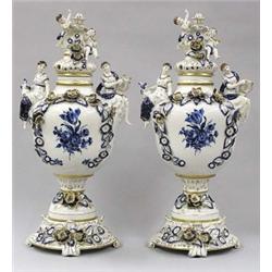 PAIR OF VON SCHIERHOLZ PORCELAIN URNS, COVERS AND STANDS, German. 1967-1972. Each molded with t...