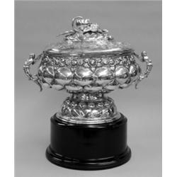 STERLING SILVER TROPHY PEDESTAL BOWL AND COVER, American. Maker: Wallace. Of circular shape fla...