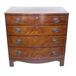 GEORGE III STYLE MAHOGANY CHEST OF DRAWERS, American. By Baker. The bow fronted top above four...