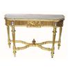 Image 1 : LOUIS XVI STYLE CARVED AND GILTWOOD CONSOLE TABLE, 19th Century. The shaped marble top above th...