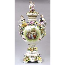 CONTINENTAL PORCELAIN URN, COVER AND STAND, German. Circa 1900. Transfer printed with maidens i...
