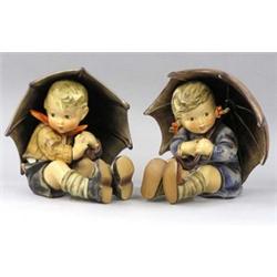 TWO HUMMEL PORCELAIN FIGURES, German. "Umbrella Boy", Height 7 1/2". And, "Umbrella Girl", Heig...