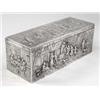 Image 1 : CONTINENTAL SILVER BOX, European. 19th Century. The rectangular hinged cover embossed with vill...
