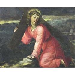 DUTCH SCHOOL (18th Century), "Christ with the Cross". Unsigned., Oil on Panel. Measuring 11 3...