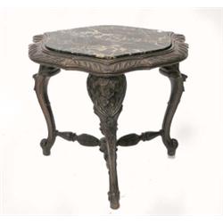 CARVED WALNUT LOW TABLE, The shaped marble top above three curved legs headed by female busts j...