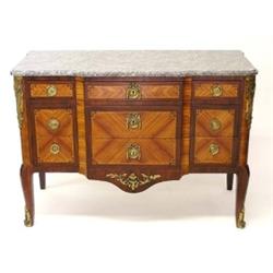 LOUIS XV STYLE GILT BRONZE MOUNTED INLAID FRUITWOOD COMMODE, French. Late 19th Century. The sha...