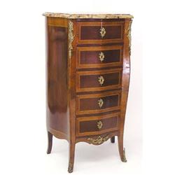 LOUIS XV STYLE GILT BRONZE MOUNTED INLAID MAHOGANY TALL CHEST, French. 20th Century. With mottl...