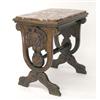 Image 1 : CARVED WALNUT SIDE TABLE, The rectangular marble top with bow ends above the trestle supports c...