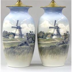 PAIR OF ROYAL COPENHAGEN PORCELAIN VASES, Danish. 20th Century. Each painted with a continuous...