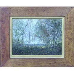 AMERICAN SCHOOL (20th Century), "Birch Trees". Unsigned., Oil on Cardboard. Measuring 12" by...