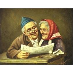 A. GIRODANO (Italian. 20th Century), "Reading the News". Signed A. Girodano l/r., Oil on Maso...