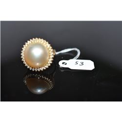 Cultured Mabe Pearl & Diamond Ring - 15mm Pearl, 34 Round Brilliant Cut Diamonds Approx .17 ct, 14K 