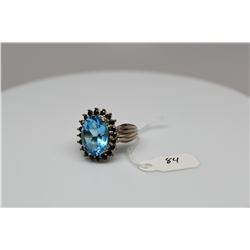 Blue Topaz Cubic Zirconia Ring - Approx 5.5 ct, 14x10mm, 20 Round Black CZ Approx .40 ct, Sterling, 