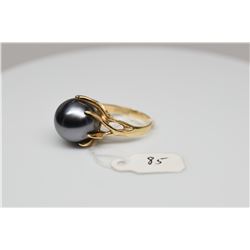 Black Tahitian Pearl & Diamond Ring - 14mm Cultured Pearl, 1 Round Diamond Approx .03 ct, 14K Yellow