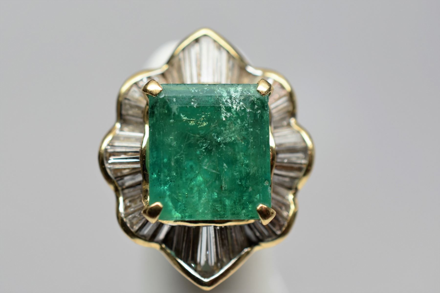 12 ct Emerald & Diamond Ring - Rectangle Cut Emerald, 44 Baguette ...