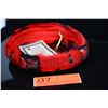 Image 1 : Red & Black Goose Feather Hat Band - 2 1/4" Dyed Red w/ Blk & Wht Spotted Feathers, Good Cond.