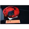 Image 8 : Red & Black Goose Feather Hat Band - 2 1/4" Dyed Red w/ Blk & Wht Spotted Feathers, Good Cond.