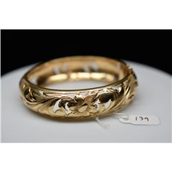 14K Gold Bangle Bracelet 12.5mm, Leaf Scroll & Floral Motifs, Hinged, 45.9 g