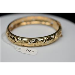 14K Gold Bangle Bracelet 10.5mm, Leaf Scroll & Floral Motifs, Hinged, 20.7 g