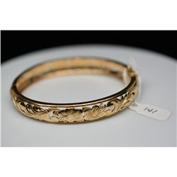 14K Gold Bangle Bracelet 10mm, Leaf Scroll & Floral Motifs, Hinged, 22.2 g