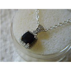 NECKLACE - SQUARE FACETED BLUE SAPPHIRE & DIAMOND IN STERLING SILVER SETTING - RETAIL ESTIMATE $275