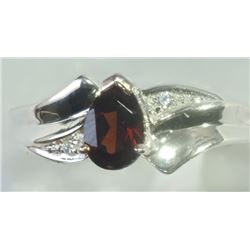 RING - PEAR FACETED GARNET WITH 2 SHOULDER GEMS IN STERLING SIILVER SETTING - RETAIL ESTIMATE $335