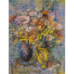 Diener Dénes Rudolf (1889-1956): Virágcsendélet kék és sárga vázákkal