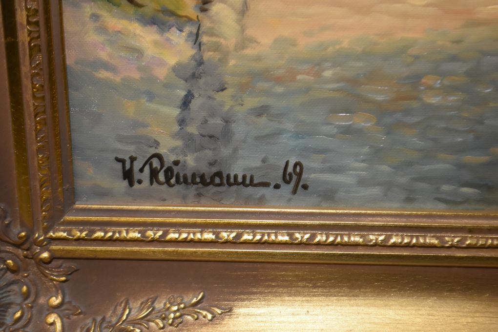 W Riman Artist Gilt framed oil on canvas painting village scene with clock tower ...