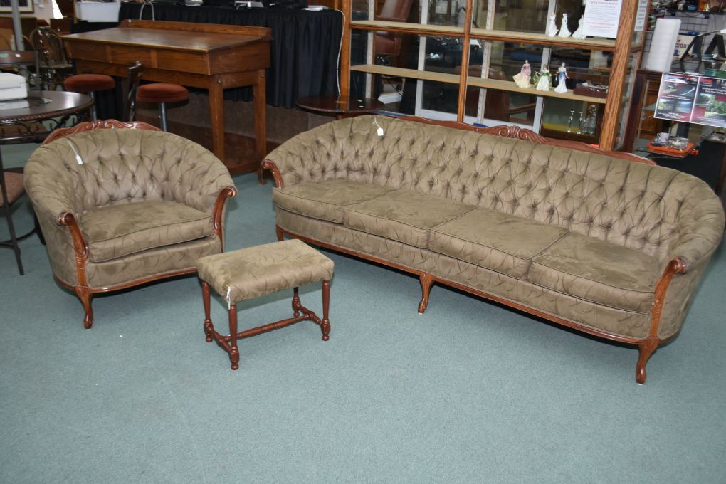 French Provincial button tufted three seat sofa, parlour chair and ottoman