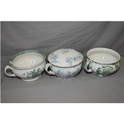 Three antique chamber pots including a lidded Porcelain Royale, and two unlidded including J.N.C. Me