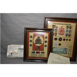 Two framed Canadian collector sets including 1973 RCMP coin set with silver dollar and stamps, and a